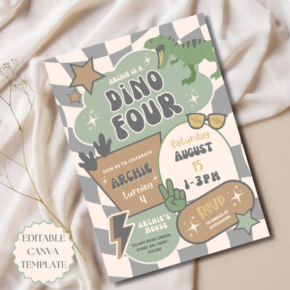 Dino Four Birthday Invitation Editable Canva Template 4th Birthday Party Dinosaur Birthday Invite Retro Birthday Party Checkered Invite