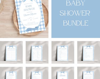 Blue Gingham Baby Shower Bundle Editable Canva Templates Blue Gingham Baby Shower Invite And Games Blue Gingham Baby Shower Decor Gift Sign