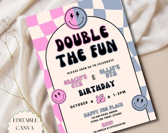 Joint Birthday Invitation Editable Canva Template Any Age Birthday Invite Blue And Pink Smiley Invite Retro Double The Fun Party Invite