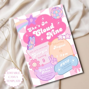 May include: A colourful birthday party invitation with the text "She's On Cloud Nine". The invitation features a butterfly, disco ball, and flower graphics. The invitation is for Georgia's 9th birthday.