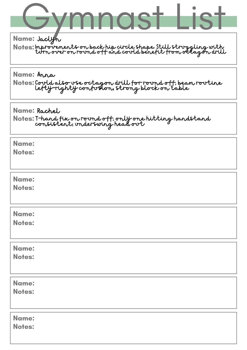 Gymnastics Lesson Plan Template | Printable or Note App | for Coaches ...