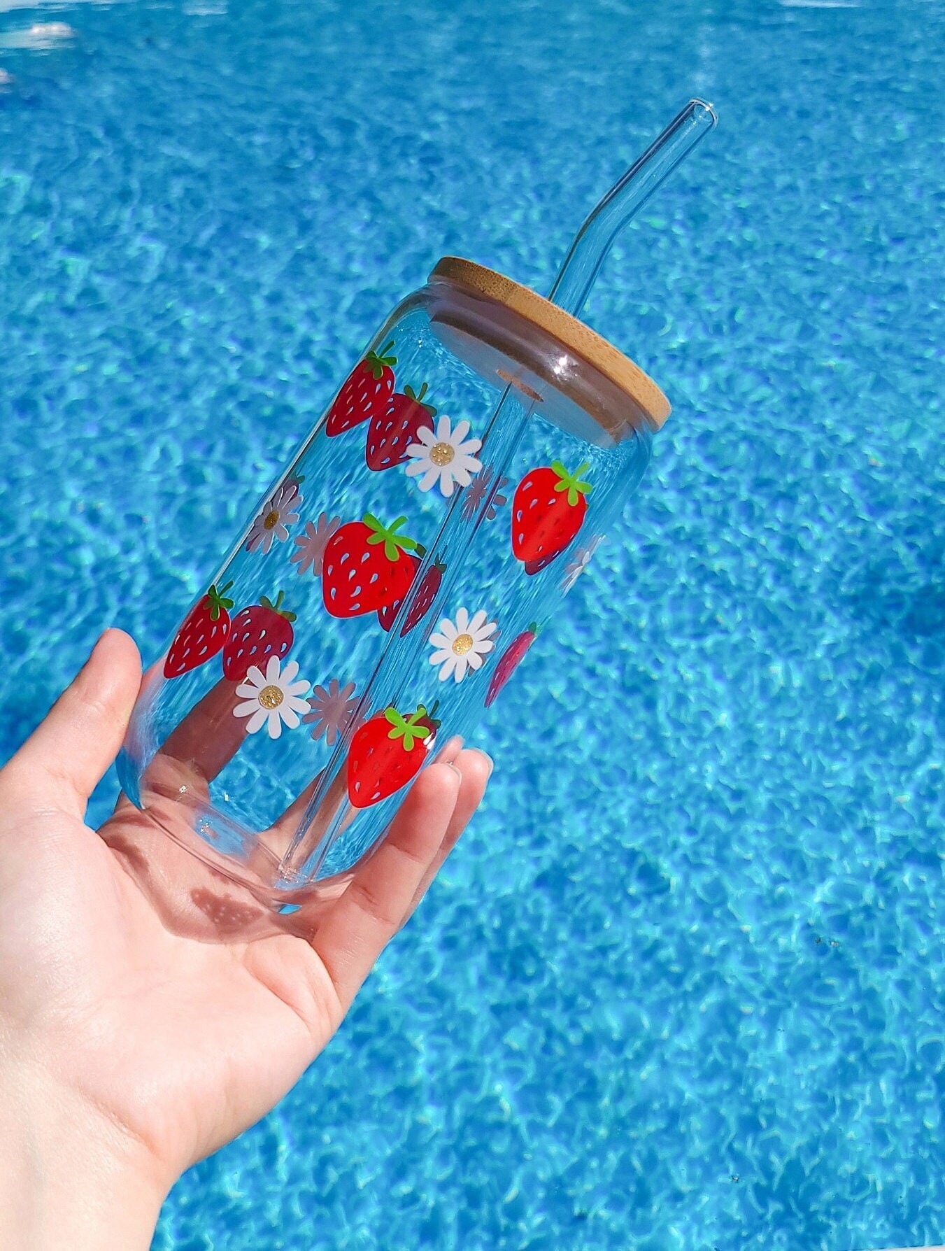 Strawberry Glass Tumbler, Daisy Iced Coffee Cup, Fruit Glass Cup With Lid and Straw, Summer
