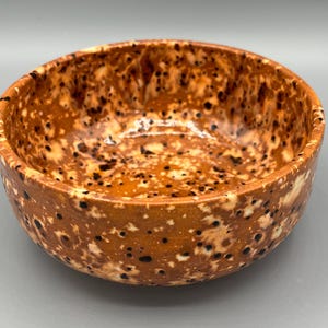 May include: A round ceramic bowl featuring a glossy finish with a speckled pattern in shades of burnt orange, cream, and black. The bowl has a smooth, curved interior and exterior surface with a consistent distribution of dark spots throughout.