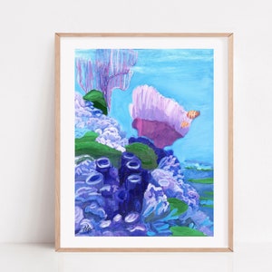 May include: A painting of coral reef with purple, pink, and blue coral. The coral is painted in a realistic style with visible texture. The background is a light blue.