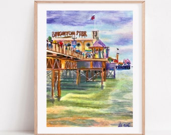 May include: A colorful pastel painting of the Brighton Pier in England. The pier is a wooden structure with a yellow building on top. The building has the words "Brighton Pier" written on it. The pier is over the water and there are people walking on it. The sky is blue and purple with a few clouds.
