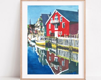 Lofoten Norway Print, Red Cabin, Nordic Gouache Coastal Art