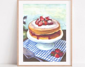 Strawberry Cake print, whimsical art, whimsical decor, cake painting, cake art print, baking painting, kitchen decor, kitchen wall art