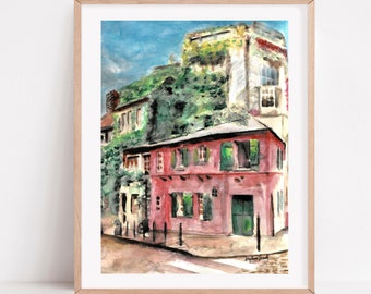 Paris Montmartre Print – Bistro Gouache Painting, French Cafe Decor