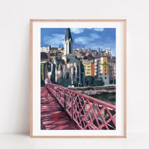 Old Town Lyon painting, Lyon France, art print, Lyon souvenir, gouache art print, French, vieux Lyon, Saint george