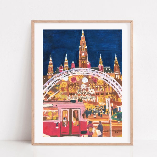 Vienna Christmas Market art print, Vienna Austria Christmas Market, viennese christmas card elegant, Holiday market, Vienna art print