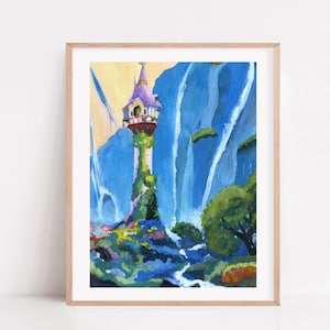 princess castle wall art, Rapunzel tower, disneyland, princess art print, princess themed decorations, Tangled painting, baby girl gift