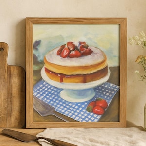 Strawberry Cake Art Print - Cozy Kitchen Wall Decor - Vintage Cottagecore Baking Painting - Rustic Farmhouse Kitchen Artwork