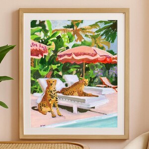 Cheetah print, funny painting, tropical painting, retro pool print, cheetahs painting, by the pool, summer wall art, summer art print
