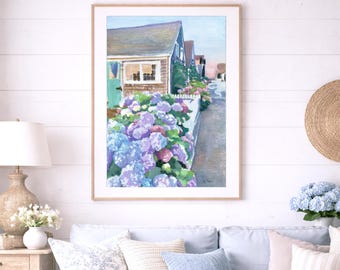 Nantucket Hydrangea Art Print – Coastal Cottage Watercolor Seaside Garden Wall Art