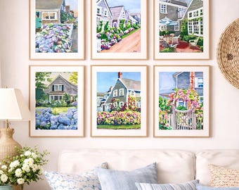 Nantucket Cottage Art Prints | Coastal Hydrangea Beach House Decor