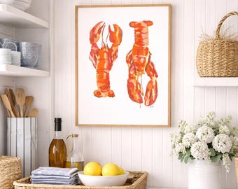 Red Lobster Gouache Painting, Coastal Kitchen Print