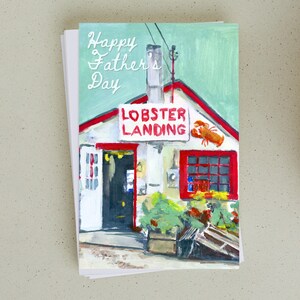Father’s Day Card with Lobster Landing Shack Painting, 5x7 Folded Coastal Art, Plymouth MA Gouache, Sea Themed Card with Kraft Envelope