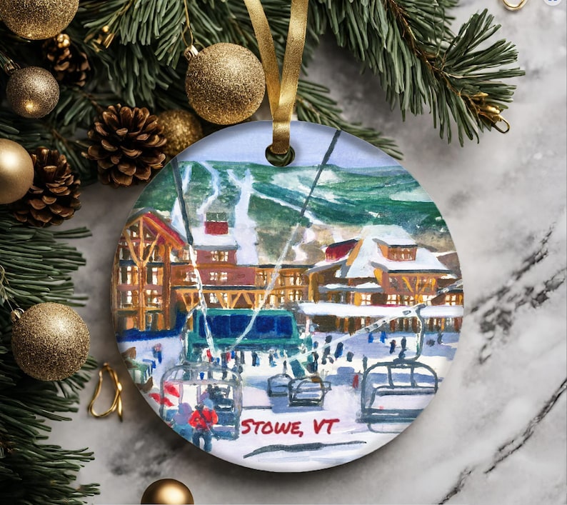 STOWE VT Christmas Ornament, Ceramic Ornament, Stowe Mountain, Ski Ornament, Vermont Christmas