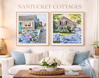 Nantucket Hydrangea Cottage Art Prints – Coastal Gouache Set of 2