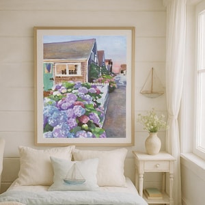 Coastal Cottage with Hydrangeas Art Print - Nantucket Summer Wall Art - Coastal Cottagecore Home Decor - Hydrangea Garden Painting