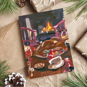 Thanksgiving Card with envelope, Turkey Feast, Turkey card, Holiday card, size A7, Holiday painting, Season's greetings, gouache art