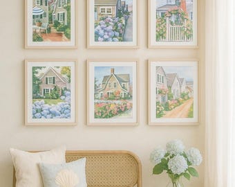 Nantucket Dream Cottage Art Prints Set of 6 - Coastal Hydrangea Garden Wall Art - Seaside Summer House Decor - Beach Cottagecore Bundle