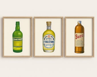 French Liquor Art Prints, Chartreuse, Génépi, Suze, Vintage Bar Decor