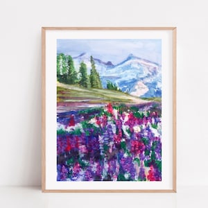Spring in Alaska, Alaska mountain, alaska art print, lupins painting, country style print, french country decor, Cottage art print