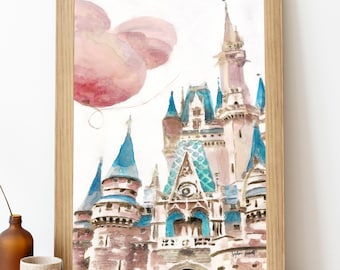 Sleeping Beauty Castle Watercolor Art Print, Disneyland Nursery Decor