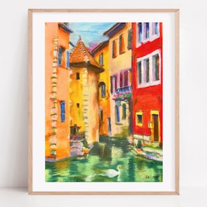 Annecy Canal Art Print – French Alps Watercolor, European Village Wall Art, Cottagecore Decor, Lake Town Painting, France Travel Gift