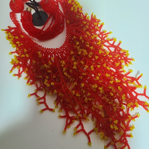 Chunky Red and Yellow Necklace Statement Set, Set of: Necklace, Earrings shops and Bracelet, Red and Yellow Statement Jewelry