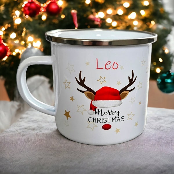 Emaille Tasse Personalisiert Merry Christmas Weihnachtstasse und Name Becher Weihnachten Geschenk Rentier Tasse Elch