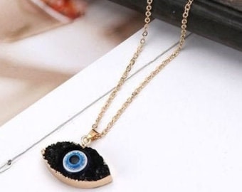 Evil Eye Druzy Stone Pendant Necklace Natural Quartz Geode Crystal Jewelry Nazar Evil Eye Greek Evil Eye Protection Eye Evil Eye Talisman