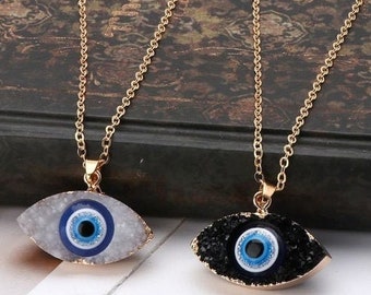 Evil Eye Druzy Stone Pendant Necklace Natural Quartz Geode Crystal Jewelry Nazar Evil Eye Greek Evil Eye Protection Eye Evil Eye Talisman