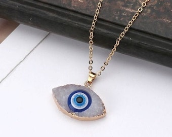 Evil Eye Druzy Stone Pendant Necklace Natural Quartz Geode Crystal Jewelry Nazar Evil Eye Greek Evil Eye Protection Eye Evil Eye Talisman