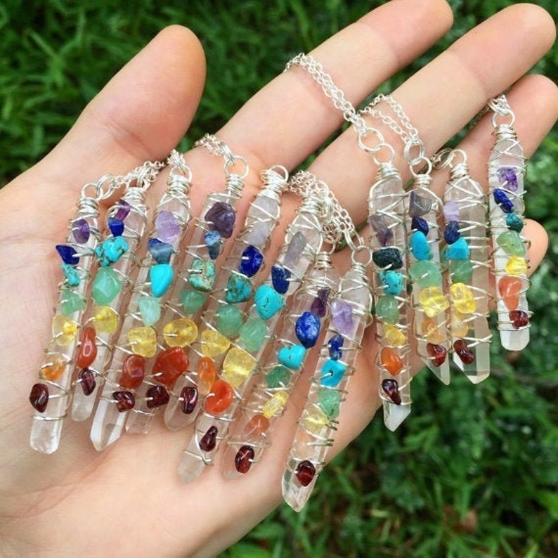 Seven Chakra Pendant Wire Wrapped Gemstone Pendant Balance Chakra Necklace Filled Meditation Necklace Yoga Necklace Reiki Spiritual Necklace