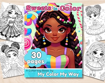 Sweets in Color: A Whimsical Candy Land Coloring Book, a printable adult coloring book. black coloring book, kids coloring book
