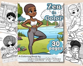 ヨガぬり絵：禅の黒人女性のイラスト（デジタルダウンロード）