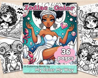 Zodiac Coloring Book: Cosmic Black Art, Adult & Kid Friendly (Printable)
