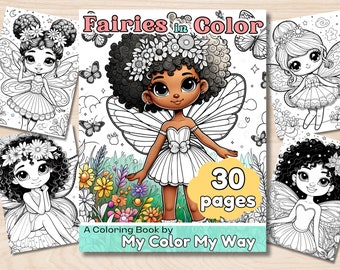 Fairies in Color: Magical black fairies, Printable black kids coloring book, adult coloring book, black girl, Birthday activity and gift