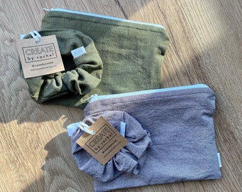 Upcycled Linen Scrunchie and Zipper Pouch Matching Set
