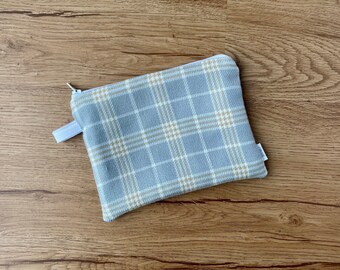 Blue Plaid Upcycled Medium Zipper Pouch, Eco-Friendly Zippered Pouch, Makeup Bag, Pencil Case, Sustainable Gift