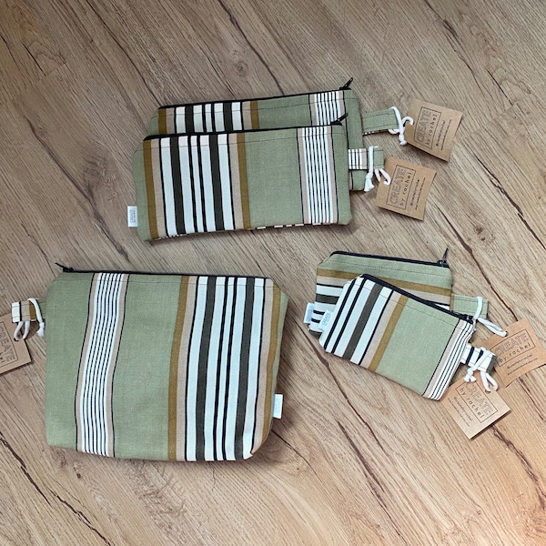 Olive Green Neutral Stripe Upcycled Zipper Pouch