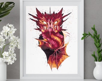 Red dragon watercolor print/ 8 x 10 print/ fantasy watercolor decor art/ DND dragon gift/ fantasy lover art/ illustration dragon/ nerd decor