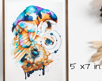 Cosmic owl watercolor/ 5 x 7 print/ space owl art/ ethereal decor/ owl spirit animal/ unique owl decor/ witchy owl decor/ watercolor art