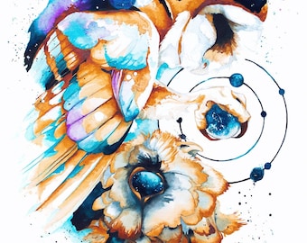Cosmic owl 8x12in. giclee art print - space and galaxy themed surreal watercolor owl print (limited time only!)