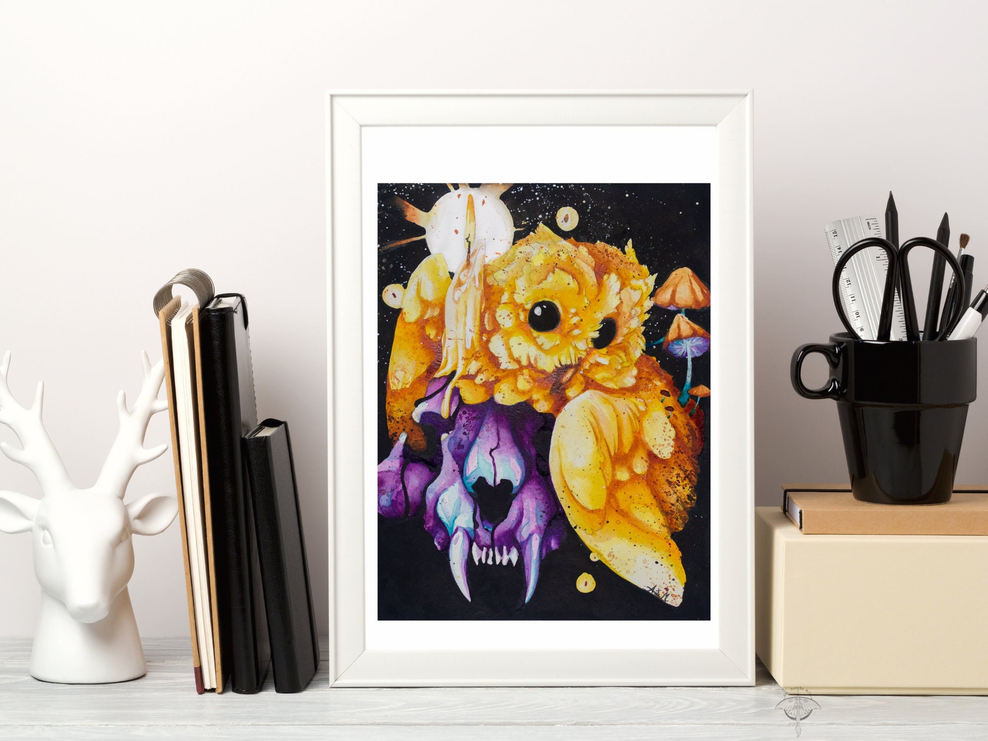 Adorably Creepy metallic Paper print/ 11 x 14 print/ owl Halloween art/ spooky watercolor/ cut Gothi