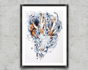 May include: A framed art print featuring a detailed illustration of a mythical creature's head. The artwork showcases a white face with orange antlers and a flowing, smoky mane in shades of blue and gray, with black ink splatters.