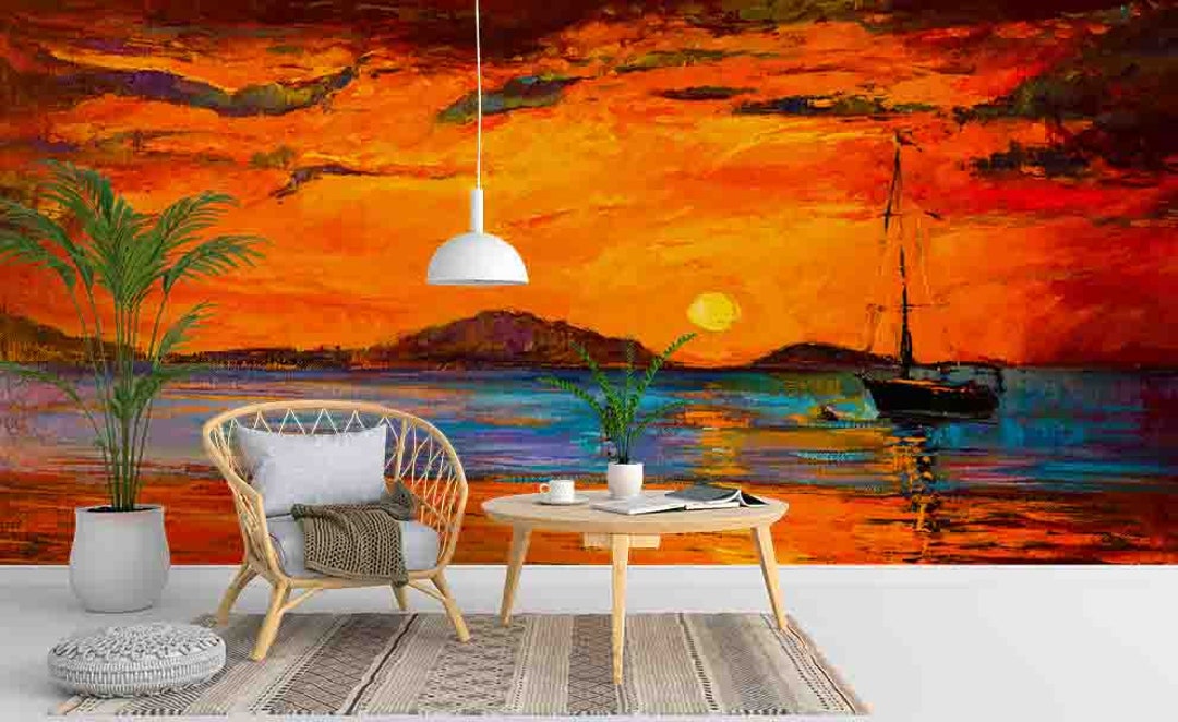 3D Sunset Oil Painting Wallpaper Mural Peel and Stick Etsy