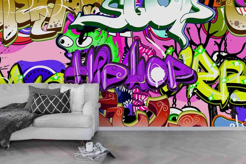 3D Purple Green Blue Abstract Symbol Graffiti Wallpaper Mural Peel and Stick Wallpaper Removable Wall Prints Stickers Feature Wallpaper B736